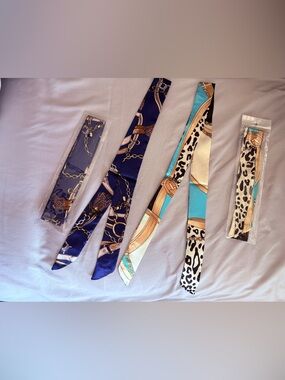 Four Twilly Navy Blue and Turquoise Printed Satin Scarves for neck, head or bag